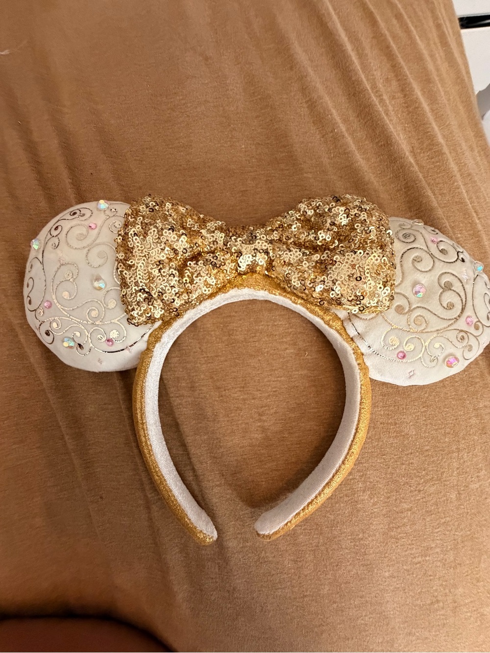 Disney Gold Sequin Bow Minnie Ears Headband with Ivory Embellished Ears